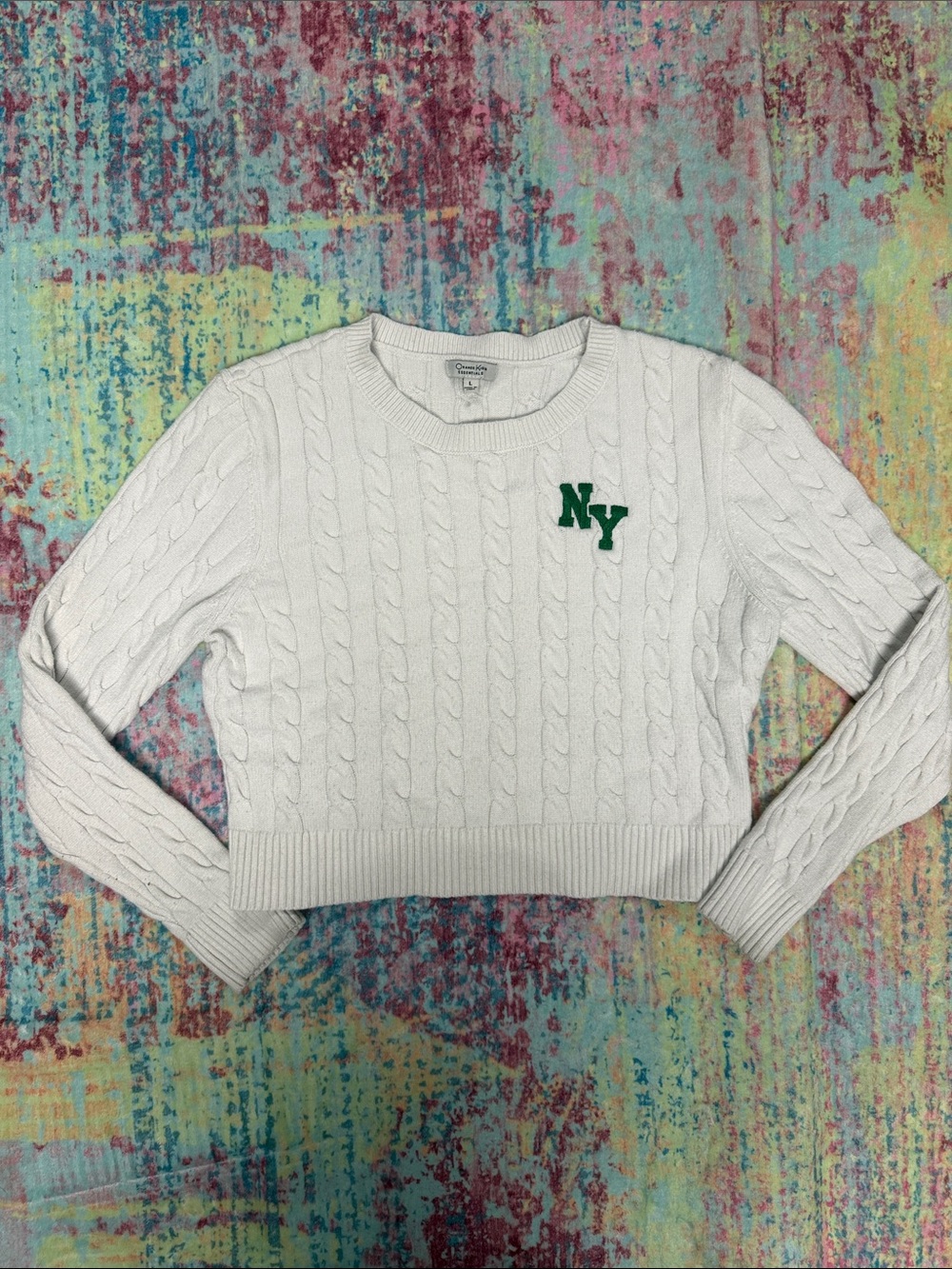 White Cable-Knit Crewneck Sweater with Green NY Patch